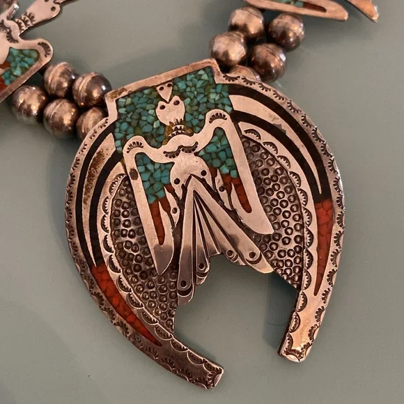 Silver Handmade Vintage Squash Blossom Necklace, Bracelet, Ring - Picture 5 of 16